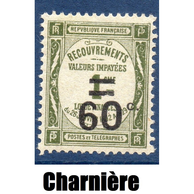 Timbre France Taxes Yvert 52 Type Recouvrement 60c sur 1c Olive neuf * avec trace de charnière