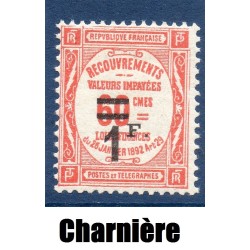 Timbre France Taxes Yvert 53 Type Recouvrement 1f sur 60c rouge neuf * avec trace de charnière