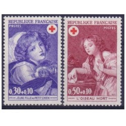 Timbre Yvert No 1700-1701 France, paire croix rouge Oeuvres de Greuze