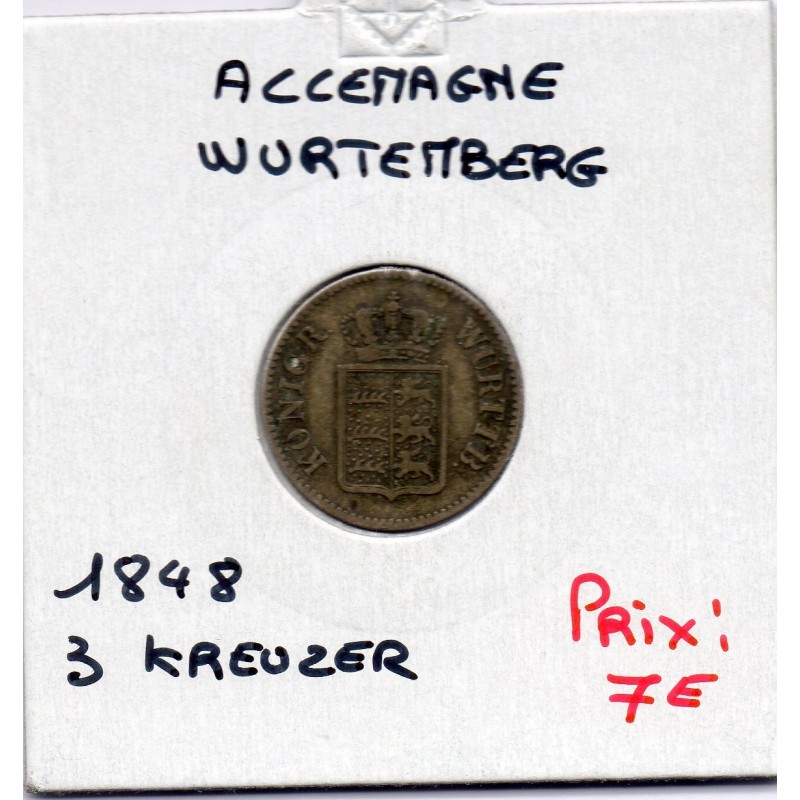 Wurtemberg 3 kreuzer 1848 TTB KM 591 pièce de monnaie