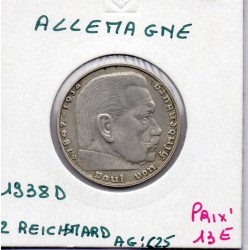 Allemagne 2 reichsmark 1938 D, TTB KM 93 pièce de monnaie