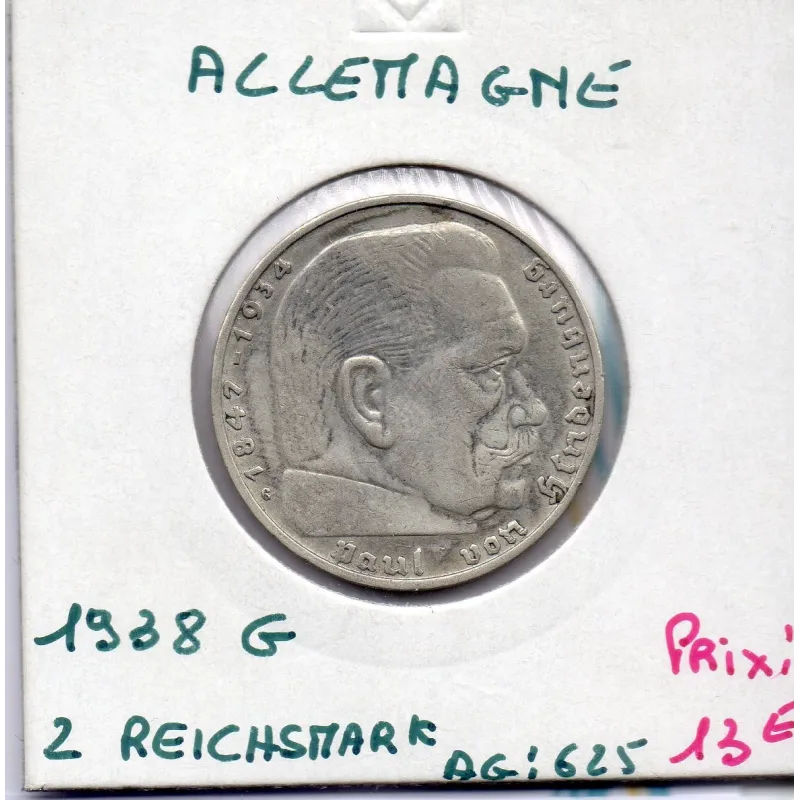 Allemagne 2 reichsmark 1938 G, TTB KM 93 pièce de monnaie Allemagne 2 reichsmark 1938 G, TTB KM 93 pièce de monnaie