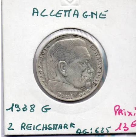 Allemagne 2 reichsmark 1938 G, TTB KM 93 pièce de monnaie