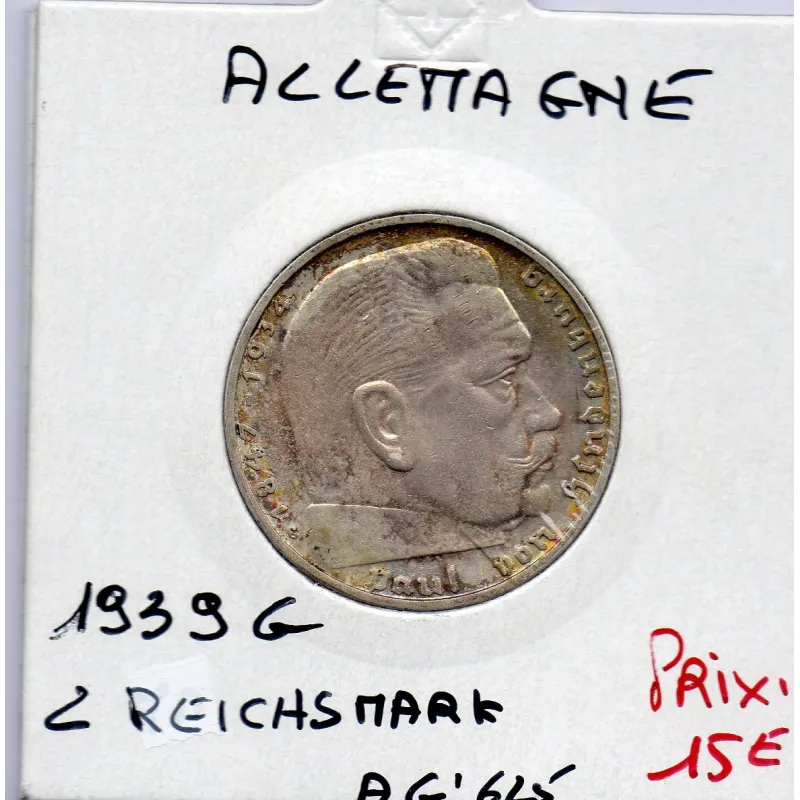 Allemagne 2 reichsmark 1939 G, Sup KM 93 pièce de monnaie Allemagne 2 reichsmark 1939 G, Sup KM 93 pièce de monnaie