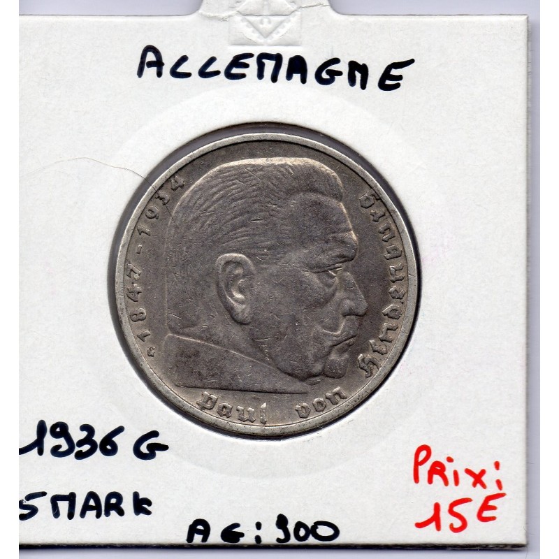 Allemagne 5 reichsmark 1936 G, TTB KM 86 pièce de monnaie