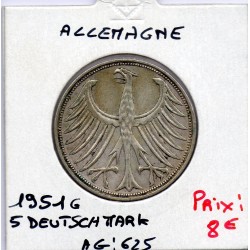 Allemagne RFA 5 deutche mark 1951 G, TTB KM 112 pièce de monnaie