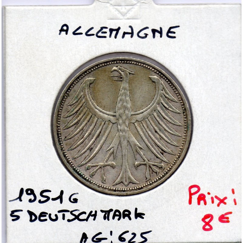 Allemagne RFA 5 deutche mark 1951 G, TTB KM 112 pièce de monnaie