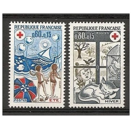Timbre Yvert No 1828-1829 France, paire croix rouge, les saisons