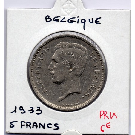 Belgique 5 Francs 1933 en Français TTB+, KM 97 pièce de monnaie