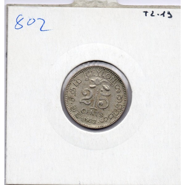 Ceylan 25 cents 1922 TTB+, KM 105a pièce de monnaie