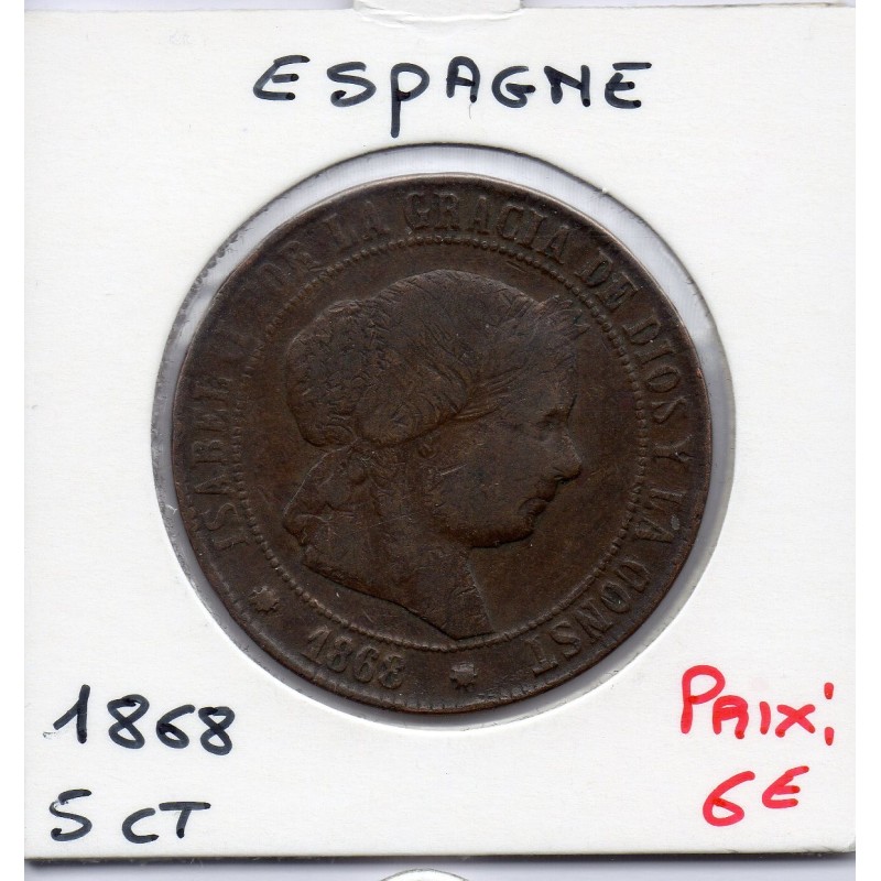 Espagne 5 centimos 1868 étoile 7 branches TB+, KM 635 pièce de monnaie