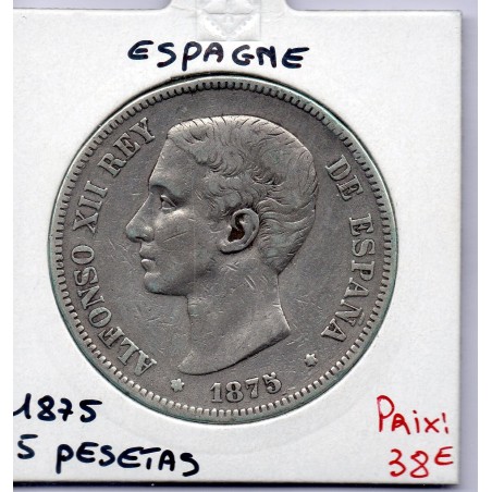 Espagne 5 pesetas 1875 TTB, KM 671 pièce de monnaie