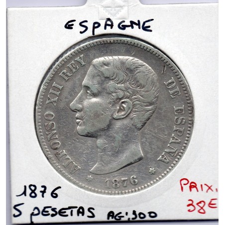 Espagne 5 pesetas 1876 TTB, KM 671 pièce de monnaie