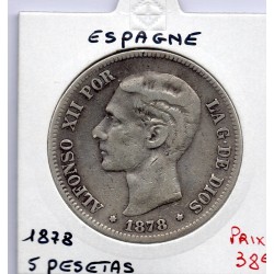 Espagne 5 pesetas 1878 TTB, KM 676 pièce de monnaie