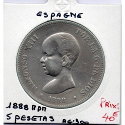 Espagne 5 pesetas 1888 TTB, KM 689 pièce de monnaie