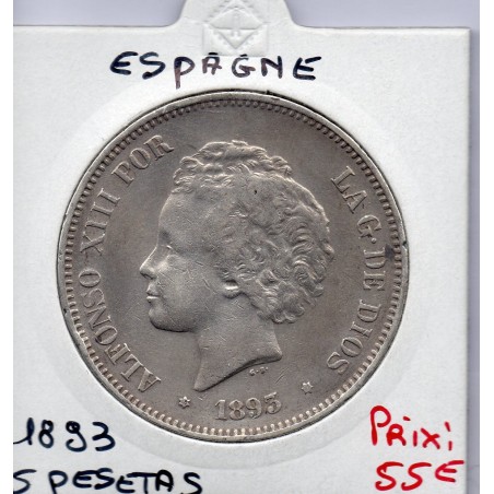 Espagne 5 pesetas 1893 TTB, KM 700 pièce de monnaie