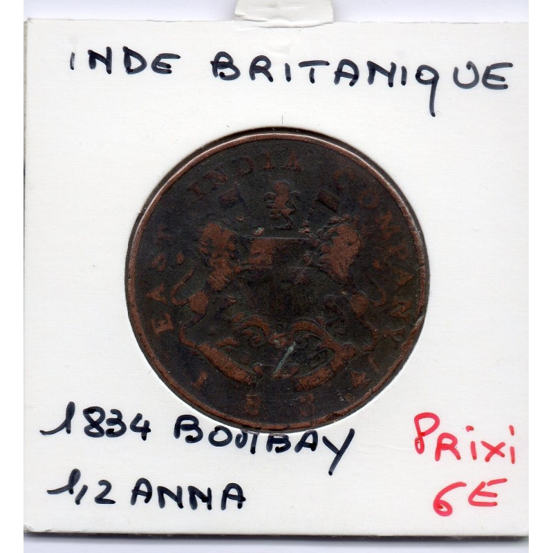 Inde Britannique 1/2 anna 1834 TB, KM 512 pièce de monnaie