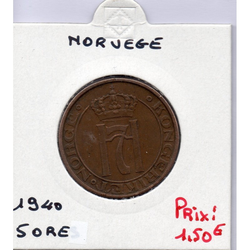 Norvège 5 ore 1940 TTB, KM 368 pièce de monnaie