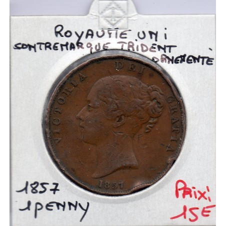 Grande Bretagne Penny contremarque 1857 trident ornementé TB, KM 739 pièce de monnaie