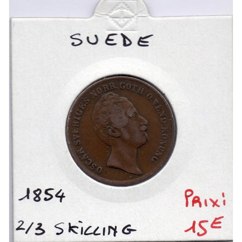 Suède 2/3 Skilling 1854 TB, KM 663 pièce de monnaie