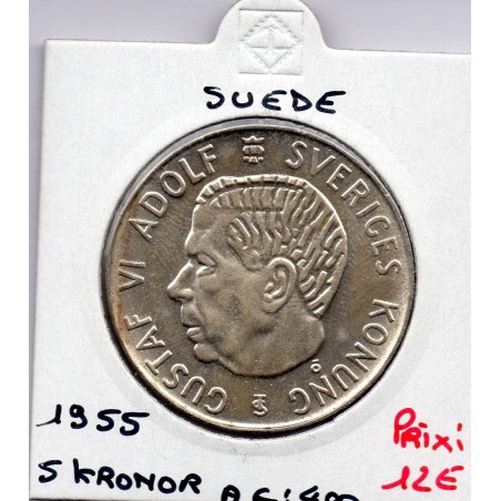 Suède 5 kronor 1955 Sup, KM 829 pièce de monnaie