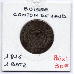 Suisse Canton Vaud 1 batzen ou 10 rappen 1816 TTB+, KM 8 pièce de monnaie