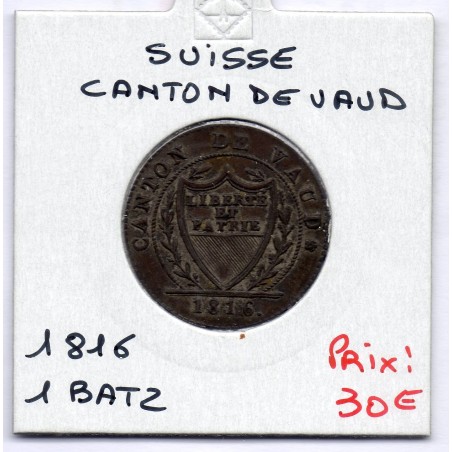 Suisse Canton Vaud 1 batzen ou 10 rappen 1816 TTB+, KM 8 pièce de monnaie