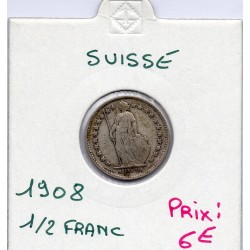 Suisse 1/2 franc 1908 TTB-, KM 23 pièce de monnaie