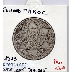 Maroc 5 Dirhams 1331 AH - 1913 Paris Sup-, Lec 183 pièce de monnaie