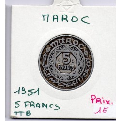 Maroc 5 francs 1370 AH -1951 TTB, Lec 247 pièce de monnaie