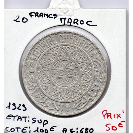 Maroc 20 francs 1347 AH -1928 Sup, Lec 270 pièce de monnaie