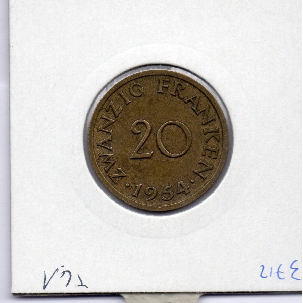 Sarre Saar, 20 franken 1954 TTB, Gad 2 pièce de monnaie