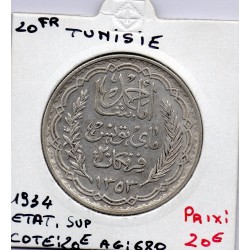 Tunisie, 20 francs 1934 - 1353 AH Sup, Lec 364 pièce de monnaie