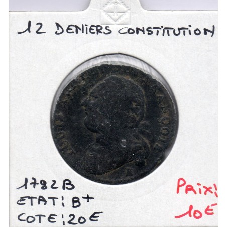 12 denier Constitution Louis XVI 1792 B Rouen B+, France pièce de monnaie