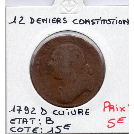 12 denier Constitution Louis XVI 1792 D Lyon B, France pièce de monnaie