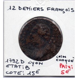 12 denier Constitution Louis XVI coins choqués 1792 D Lyon B, France pièce de monnaie