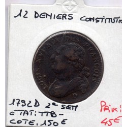 12 denier Constitution Louis XVI 1792 2eme semestre D Lyon TTB-, France pièce de monnaie