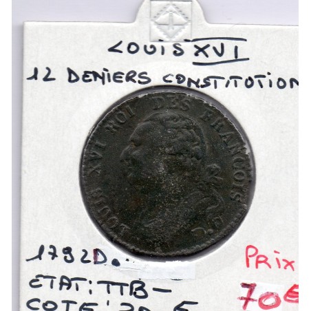 12 denier Constitution Louis XVI 1792 D. Dijon TTB-, France pièce de monnaie