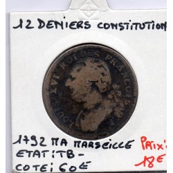 12 denier Constitution Louis XVI 1792 MA Marseille TB-, France pièce de monnaie