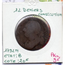 12 denier Constitution Louis XVI 1792 N Montpellier B, France pièce de monnaie