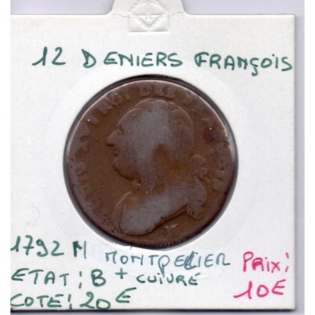 12 denier Constitution Louis XVI 1792 N Montpellier B+, France pièce de monnaie
