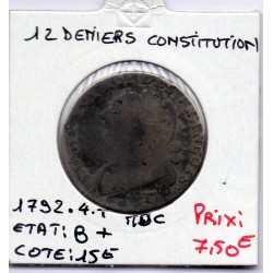 12 denier Constitution Louis XVI 1792 T Nantes B+, France pièce de monnaie