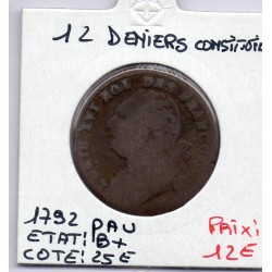 12 denier Constitution Louis XVI 1792 Pau B+, France pièce de monnaie