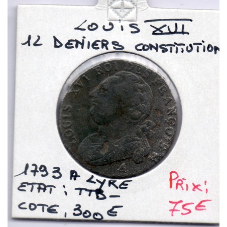 12 denier Constitution Louis XVI 1793 A Lyre TTB-, France pièce de monnaie