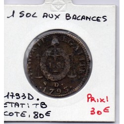 1 sol aux balances 1793 D. Dijon TB, France pièce de monnaie