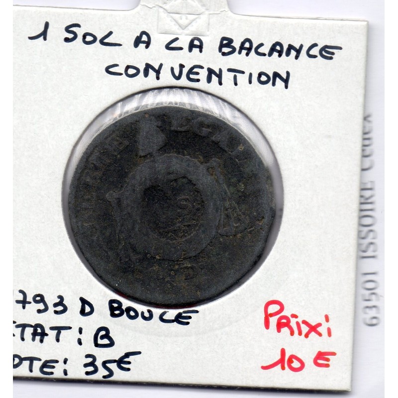 1 sol aux balances 1793 D. Dijon B, France pièce de monnaie