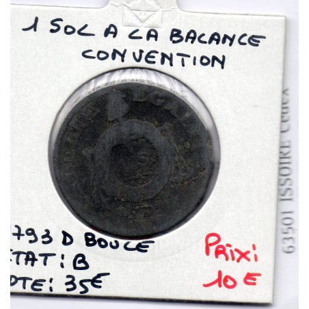 1 sol aux balances 1793 D. Dijon B, France pièce de monnaie