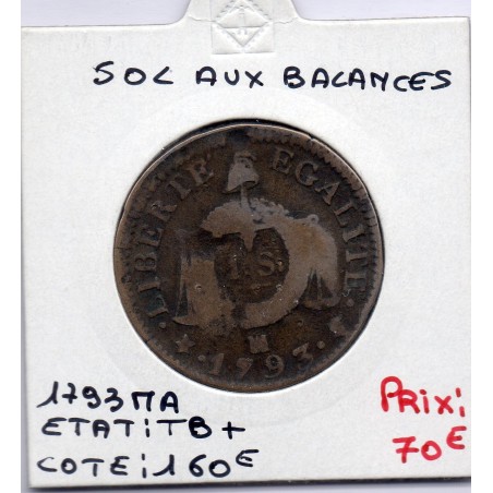 1 sol aux balances 1793 MA Marseille TB+, France pièce de monnaie