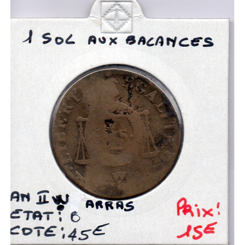 1 sol aux balances An II 1794 W. Arras B, France pièce de monnaie