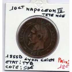 10 centimes Napoléon III tête nue 1855 D chien Lyon TTB, France pièce de monnaie